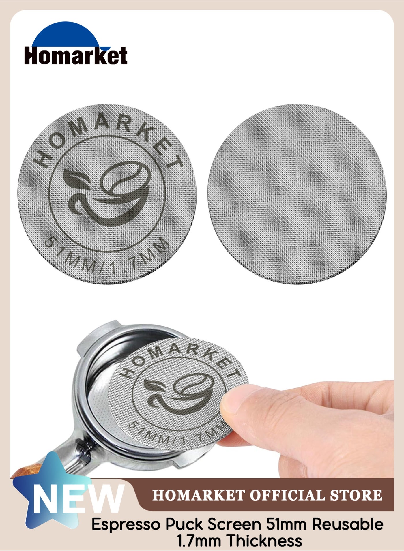 HomarKet Espresso Puck Screen 51mm Reusable 1.7mm Thickness 150μm Stainless Steel Professional Coffee Reusable Filter for Espresso Portafilter Filter Basket